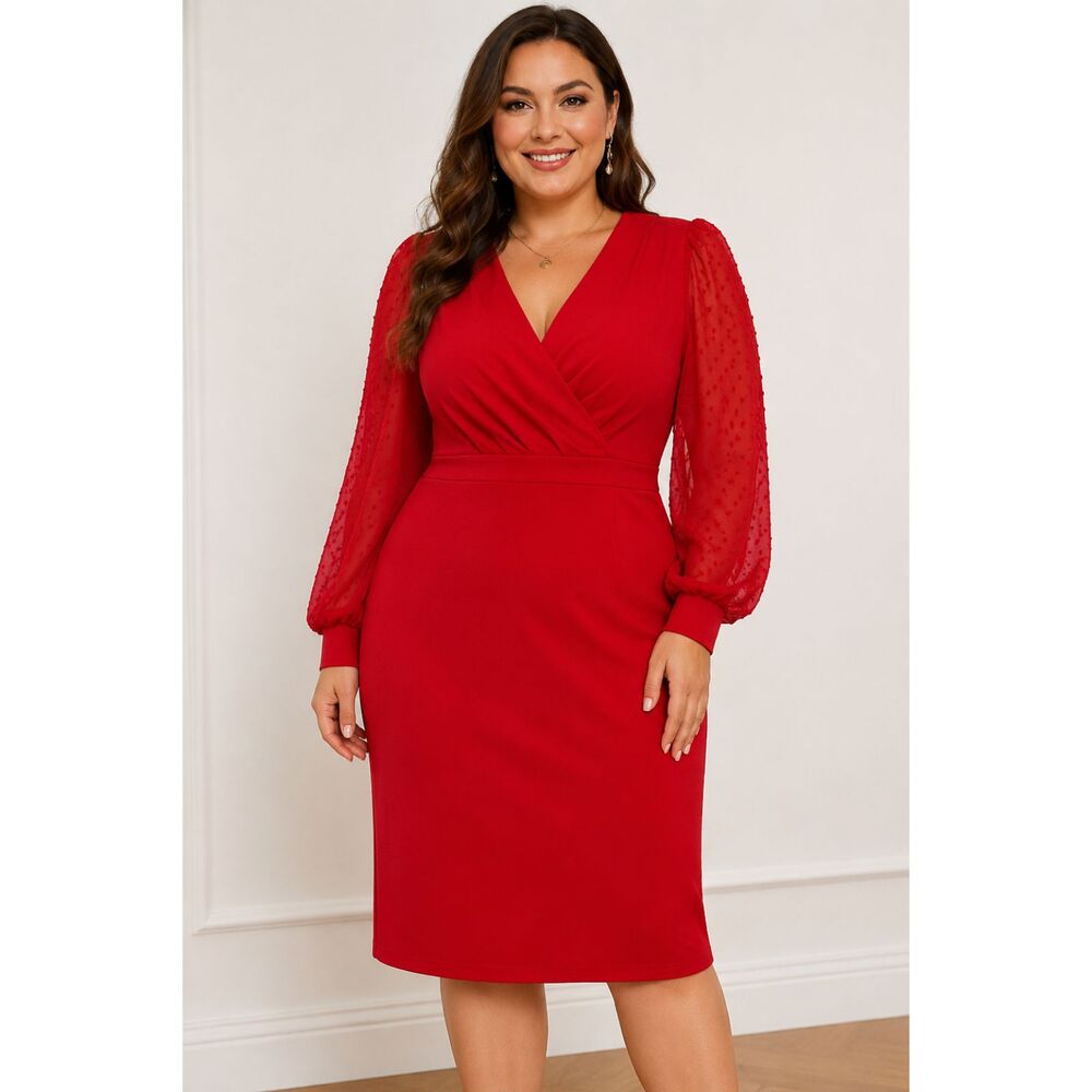 Grace Karin Red Midi Dress XL Sheer Dot Sleeve Surplice Cocktail Party Stretch